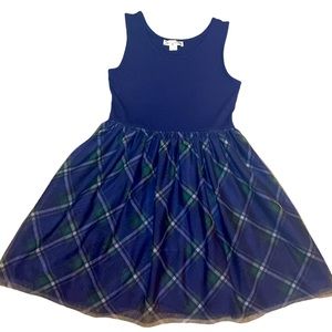 Girl’s Soft Sleeveless Navy and Green Plaid Flowy Dress Size 10